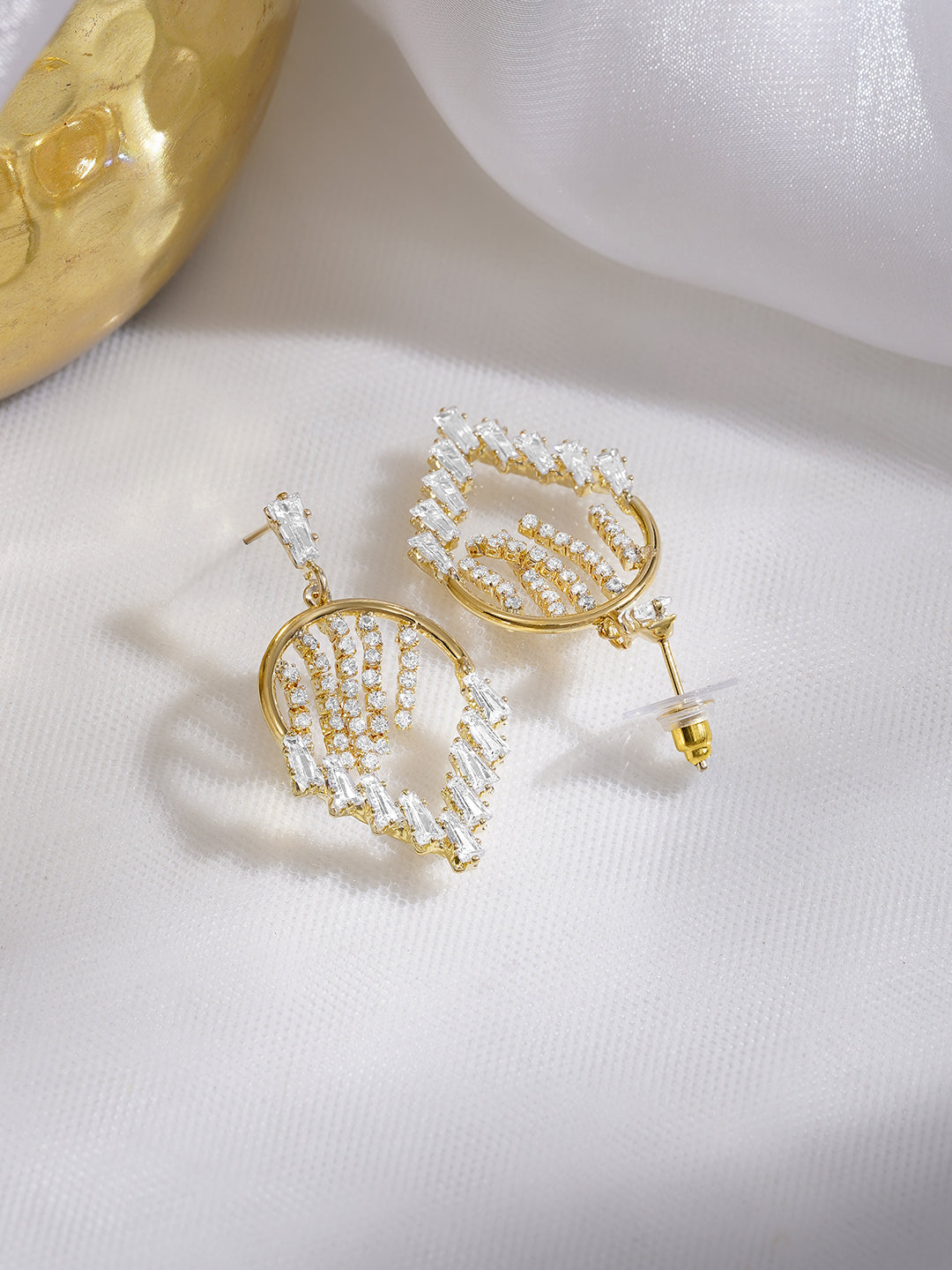Rubans 18K Gold-Plated Brass Clear Cubic Zirconia Embellished Modern Drop Earrings フリーサイズ