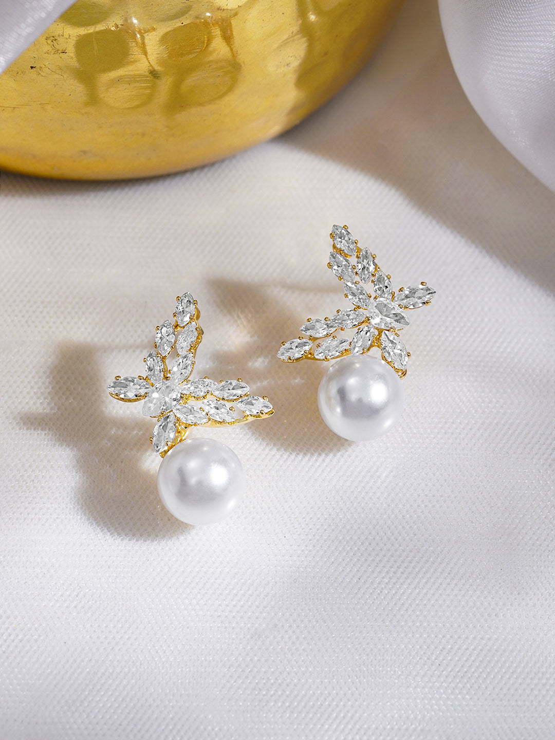 Rubans 18K Gold-Plated Butterfly Marquise Crystal & Pearl Drop Elegant Earrings フリーサイズ
