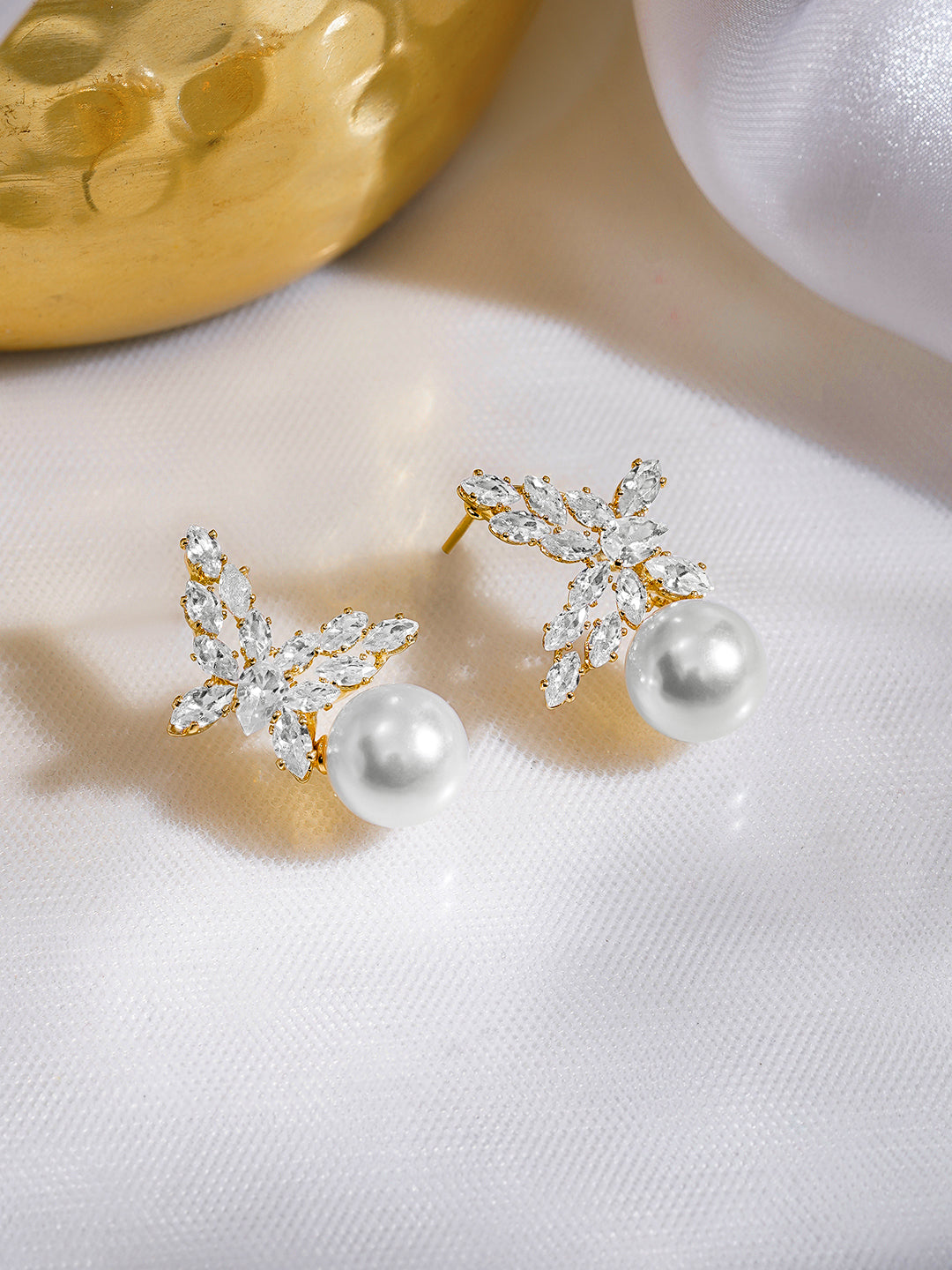 Rubans 18K Gold-Plated Butterfly Marquise Crystal & Pearl Drop Elegant Earrings フリーサイズ