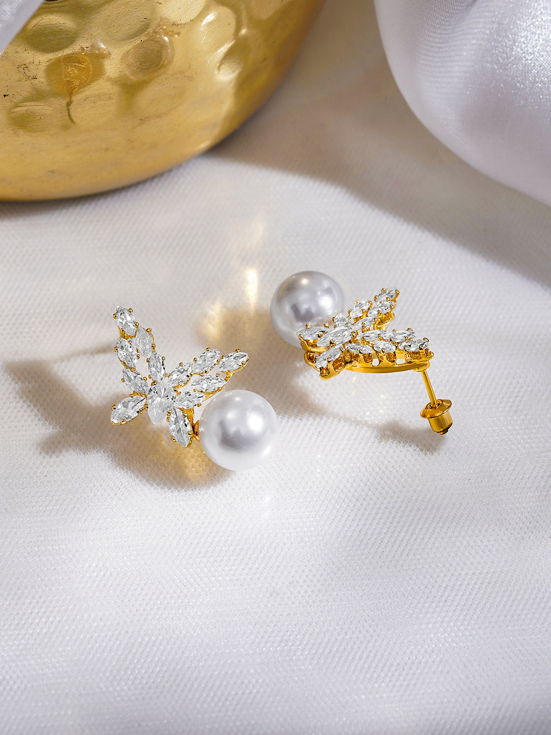 Rubans 18K Gold-Plated Butterfly Marquise Crystal & Pearl Drop Elegant Earrings フリーサイズ