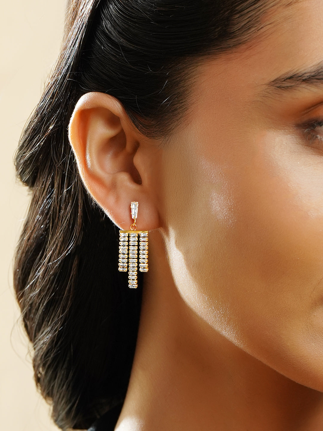 Rubans 18K Gold Plated Crystal Zirconia Embellished Multi-Tassel Statement Earrings フリーサイズ
