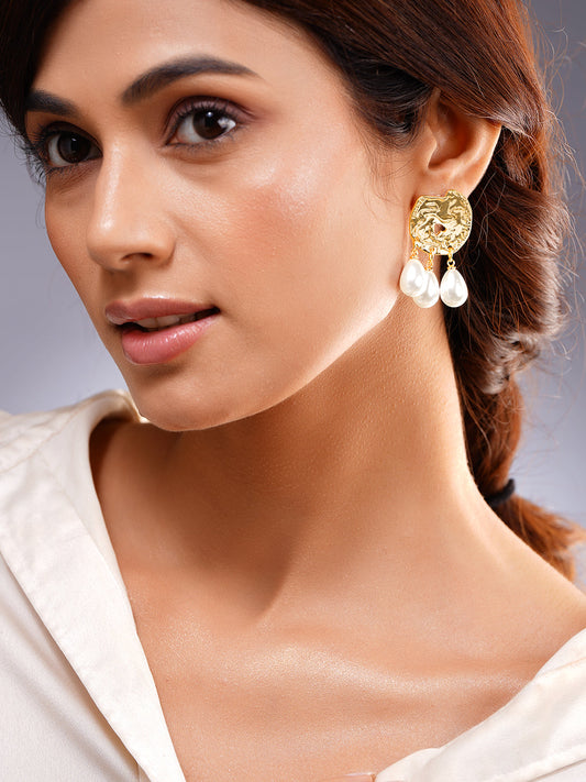 Gold Pearl Drop Statement Earrings フリーサイズ