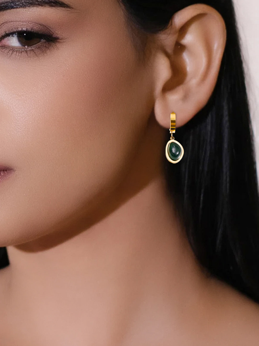 Demi Fine 18K Gold Plated Stainless steel Emerald Oval Drop Hoop Earrings Length - 2.9 cm
