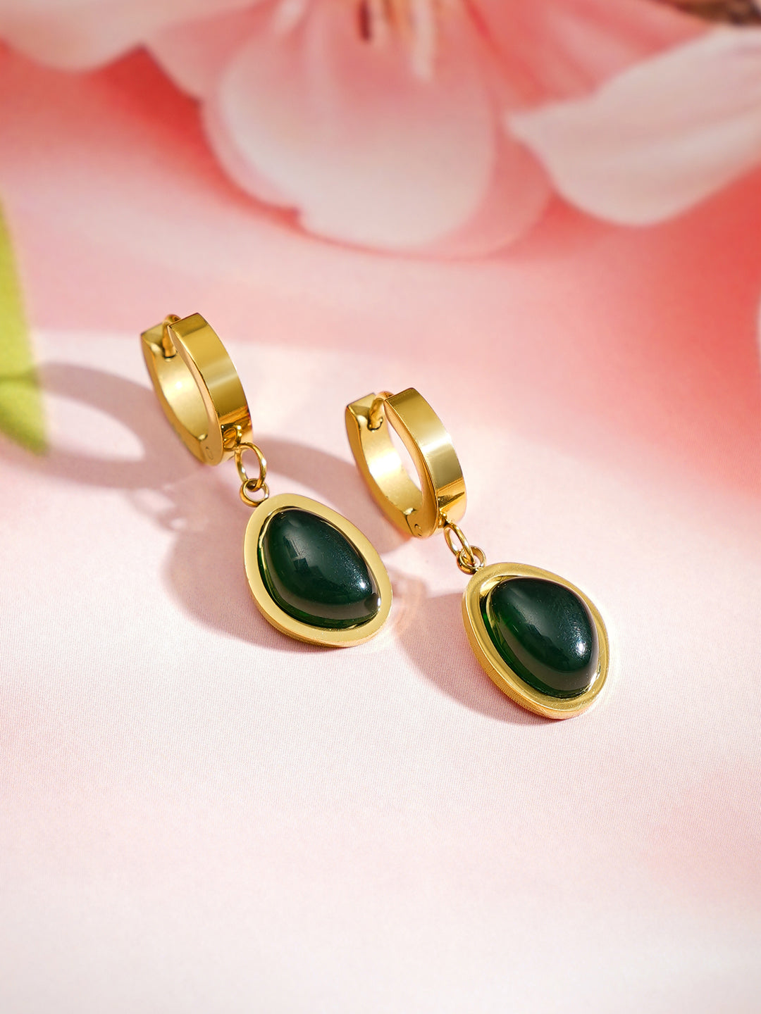 Demi Fine 18K Gold Plated Stainless steel Emerald Oval Drop Hoop Earrings Length - 2.9 cm