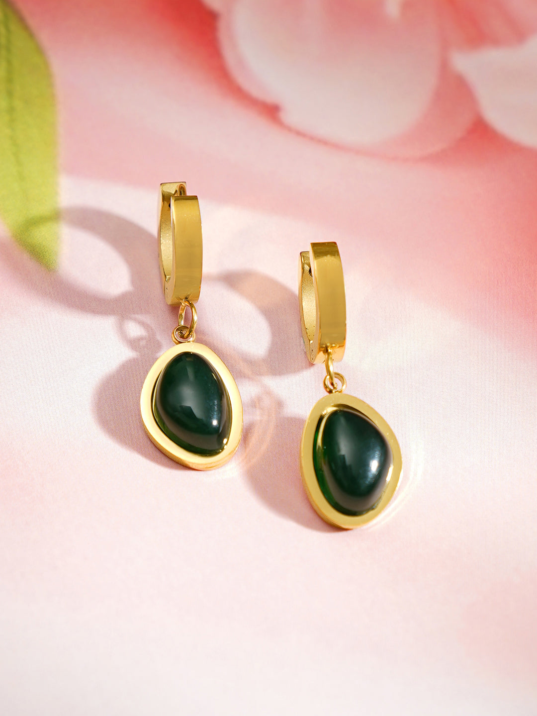 Demi Fine 18K Gold Plated Stainless steel Emerald Oval Drop Hoop Earrings Length - 2.9 cm