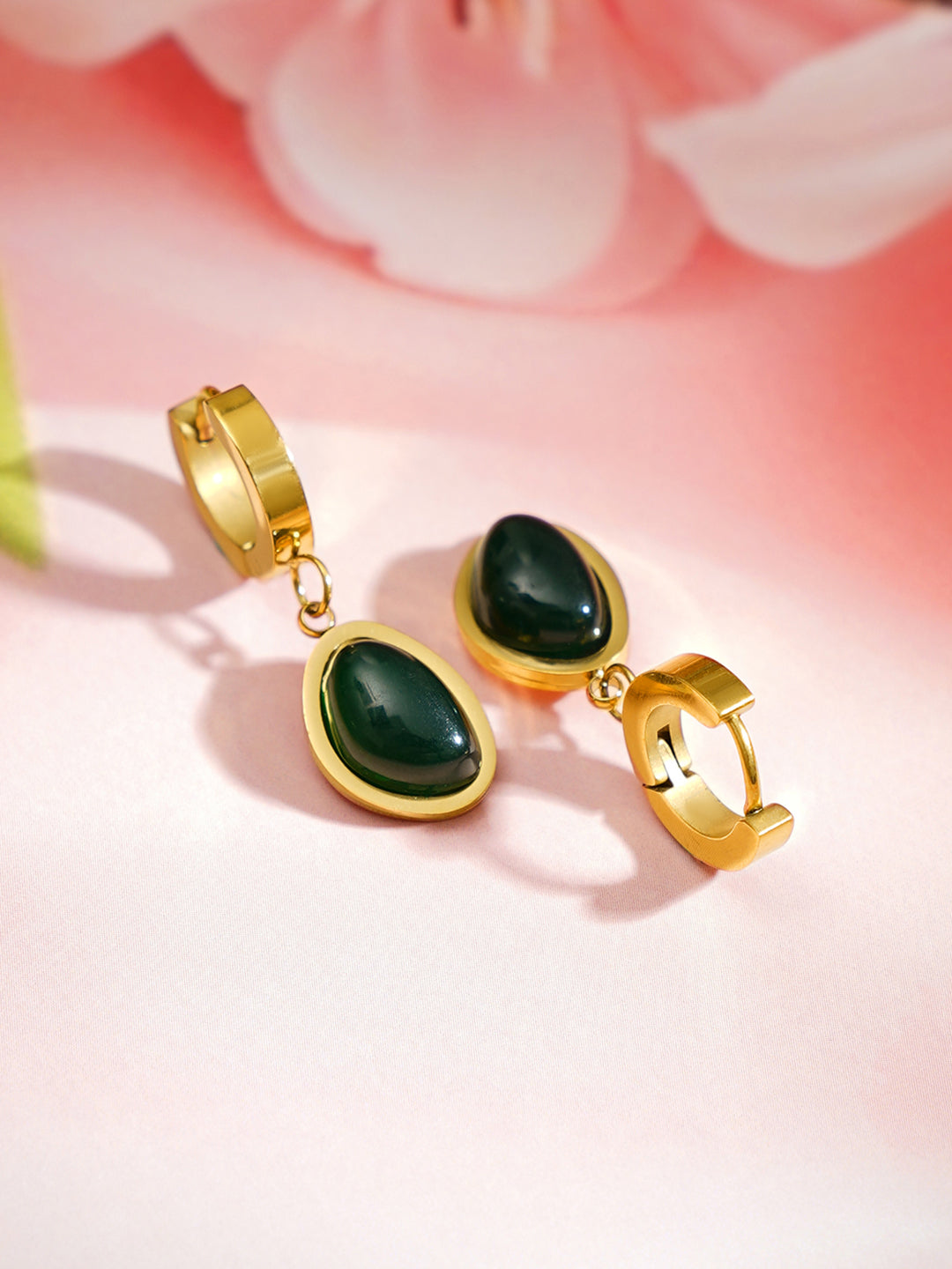 Demi Fine 18K Gold Plated Stainless steel Emerald Oval Drop Hoop Earrings Length - 2.9 cm