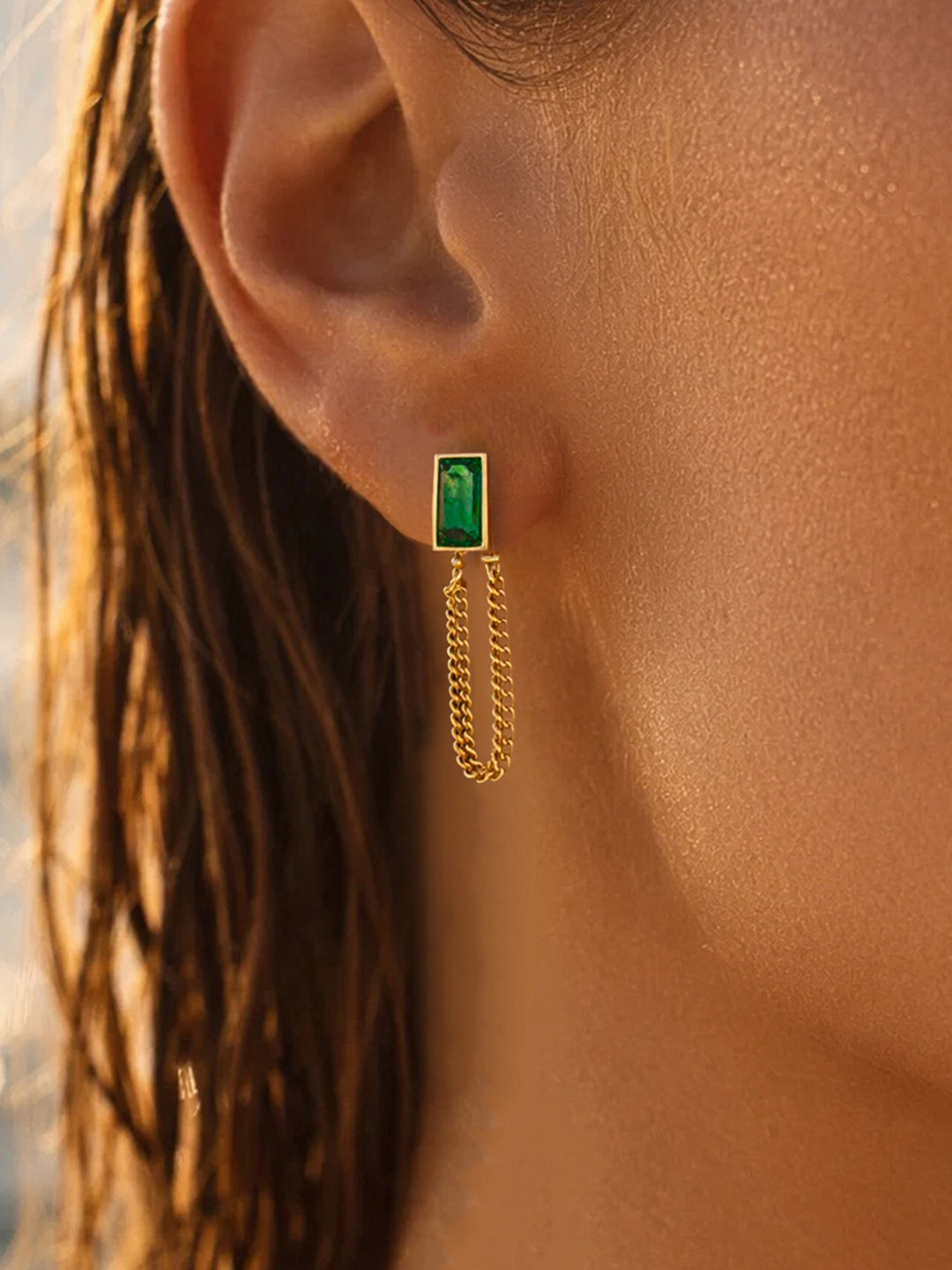 Demi Fine 18K Gold Plated Stainless steel Emerald Chain Loop Dangler Earrings Length - 5 cm