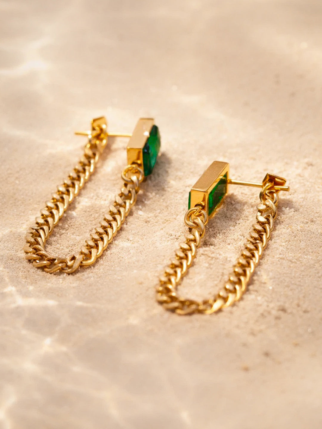 Demi Fine 18K Gold Plated Stainless steel Emerald Chain Loop Dangler Earrings Length - 5 cm