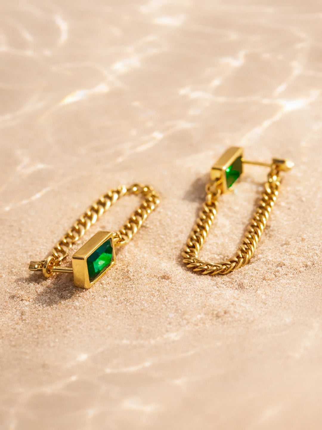 Demi Fine 18K Gold Plated Stainless steel Emerald Chain Loop Dangler Earrings Length - 5 cm