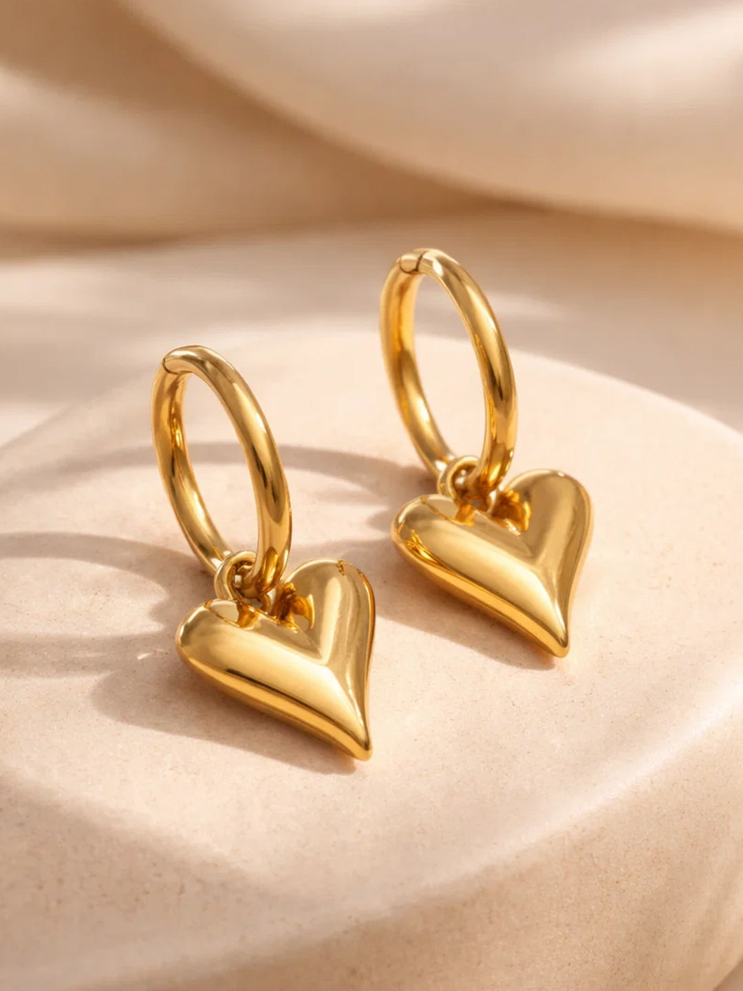 Demi Fine 18K Gold Plated Stainless steel Puffy Heart Charm Hoop Drop Earrings Length - 2.8 cm