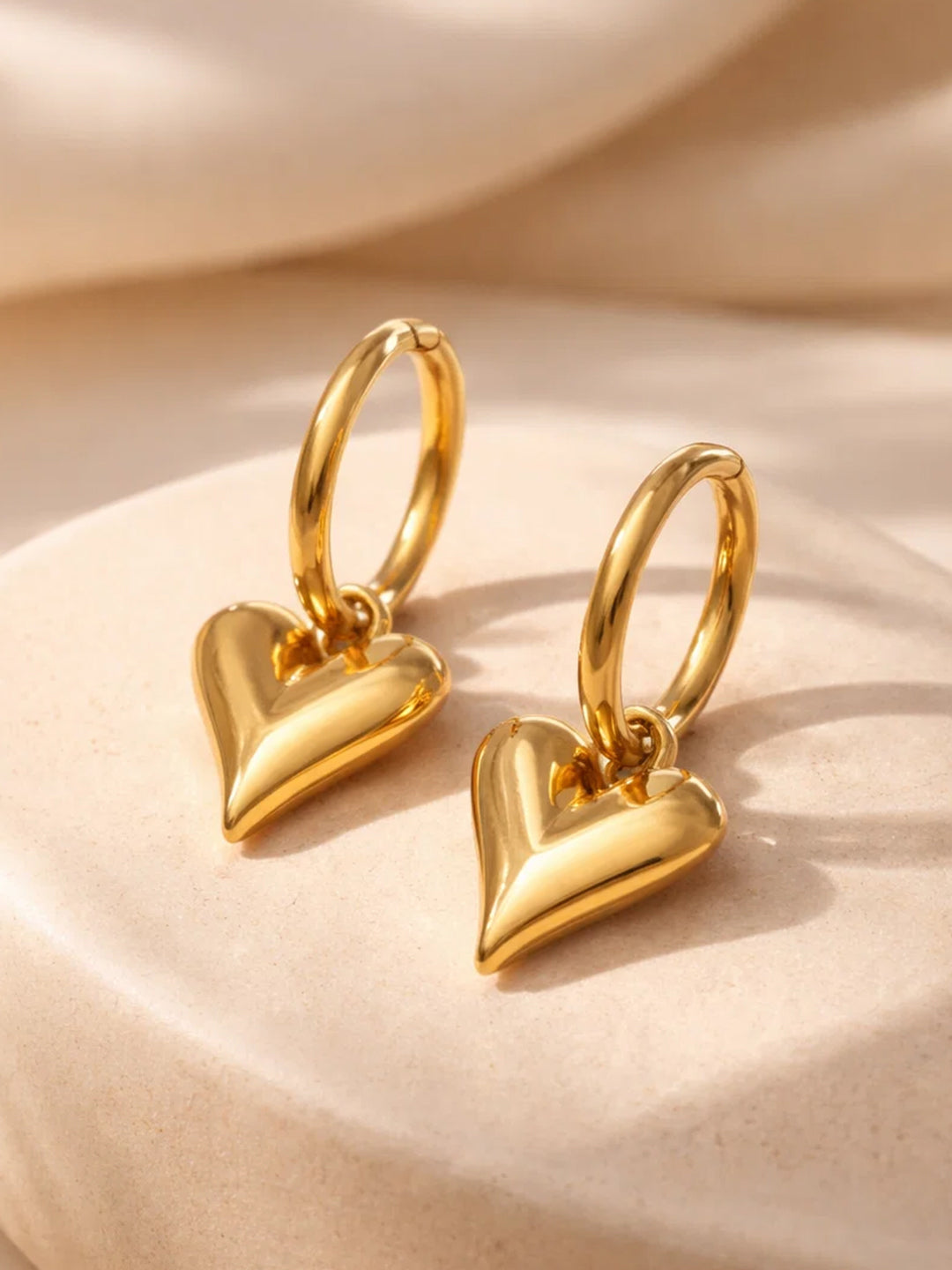 Demi Fine 18K Gold Plated Stainless steel Puffy Heart Charm Hoop Drop Earrings Length - 2.8 cm