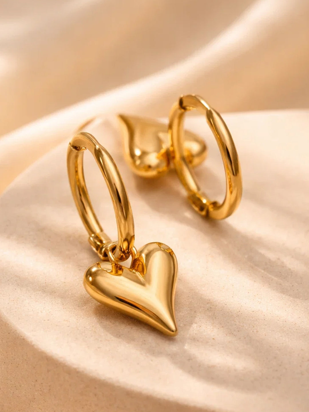 Demi Fine 18K Gold Plated Stainless steel Puffy Heart Charm Hoop Drop Earrings Length - 2.8 cm