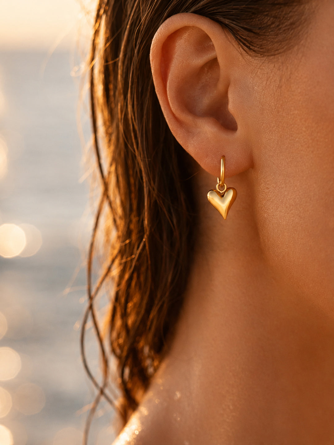 Demi Fine 18K Gold Plated Stainless steel Puffy Heart Charm Hoop Drop Earrings Length - 2.8 cm