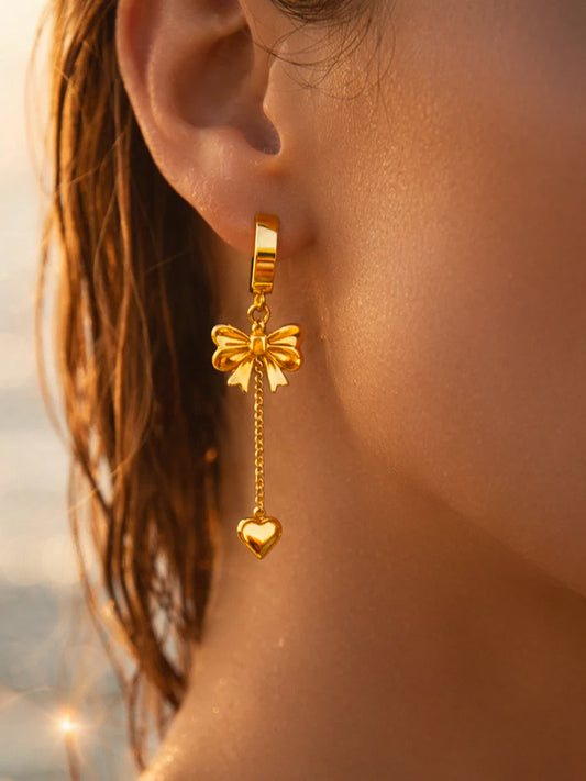 Demi Fine 18K Gold Plated Stainless steel Bow Chain Heart Drop Dangler Earrings Length - 5 cm