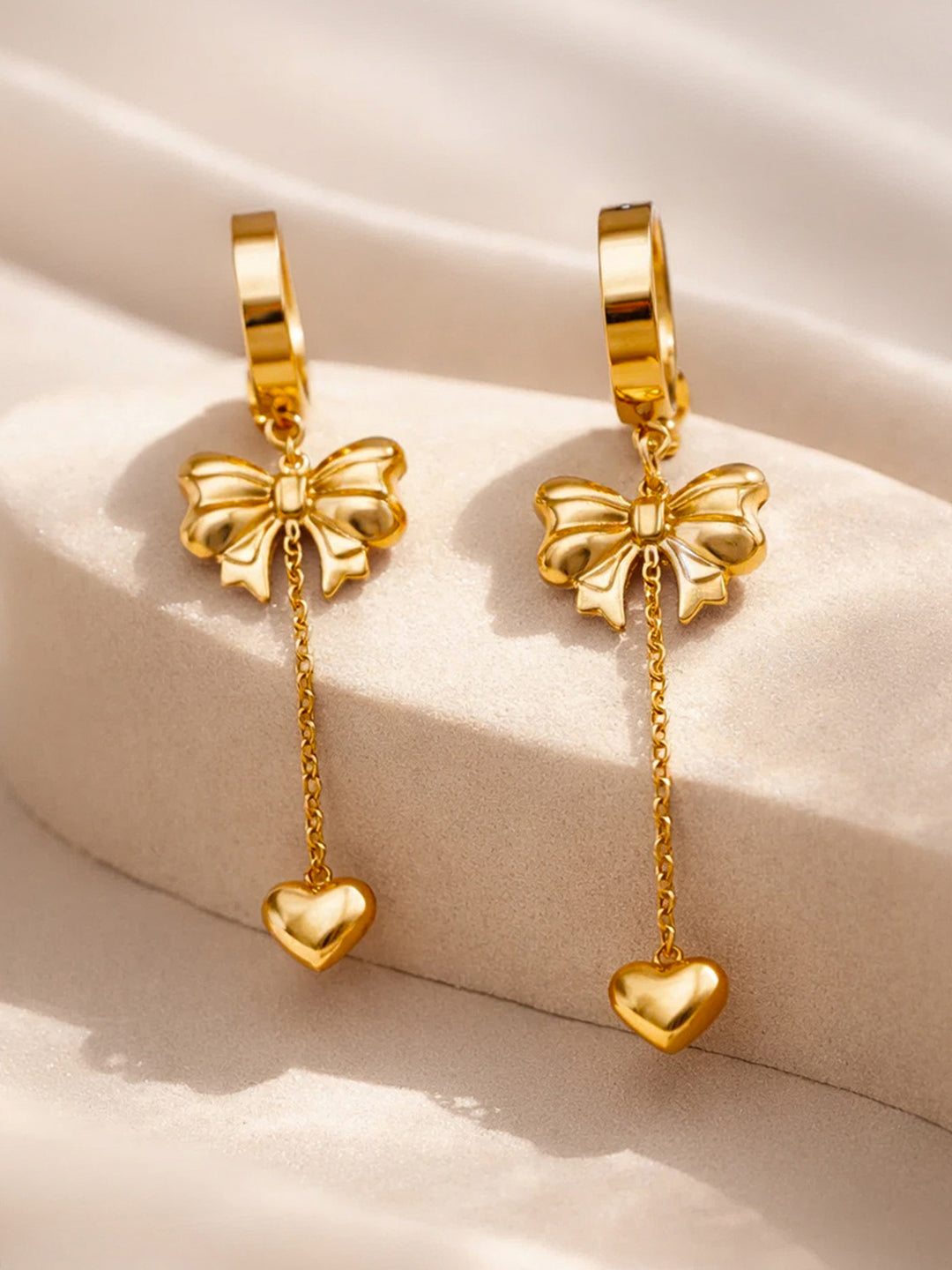 Demi Fine 18K Gold Plated Stainless steel Bow Chain Heart Drop Dangler Earrings Length - 5 cm