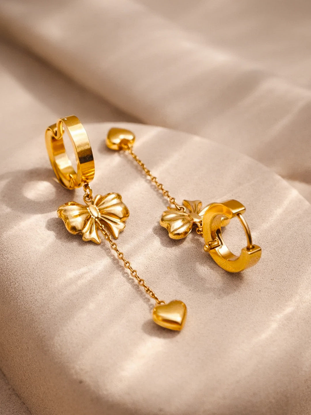 Demi Fine 18K Gold Plated Stainless steel Bow Chain Heart Drop Dangler Earrings Length - 5 cm