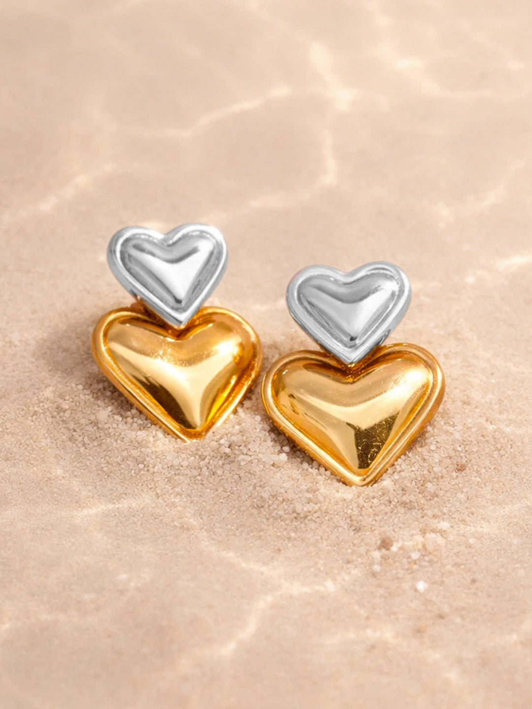 Demi Fine Dual Tone Stainless steel Double Heart Design Drop Earrings Length - 3.2 cm