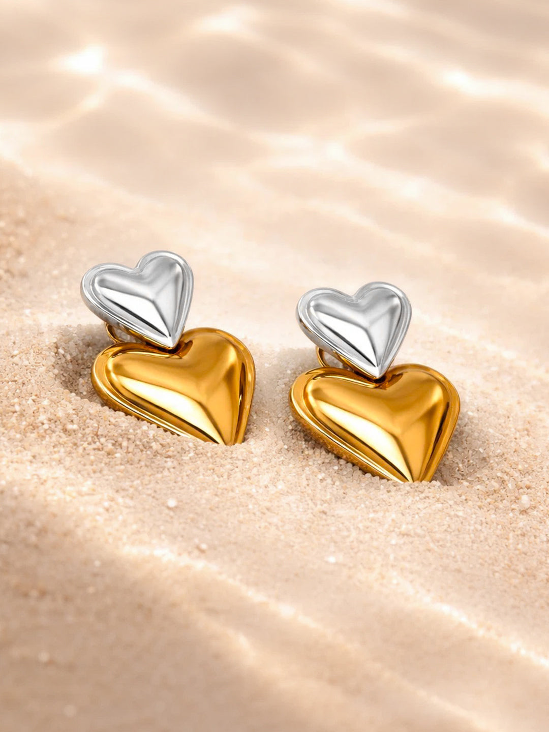 Demi Fine Dual Tone Stainless steel Double Heart Design Drop Earrings Length - 3.2 cm