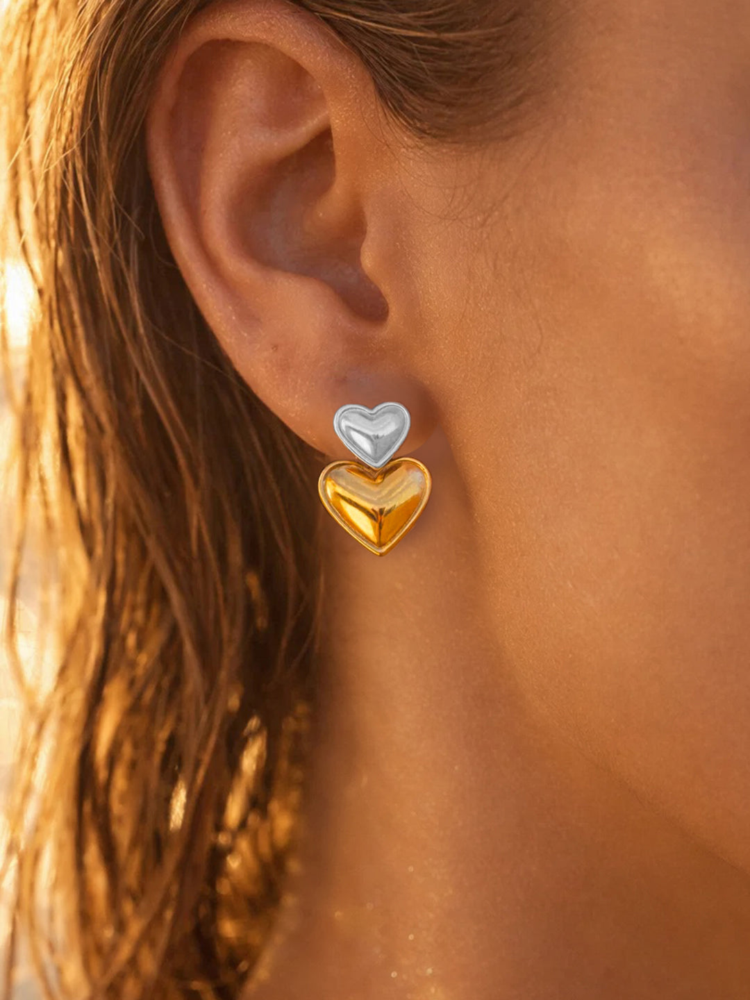 Demi Fine Dual Tone Stainless steel Double Heart Design Drop Earrings Length - 3.2 cm