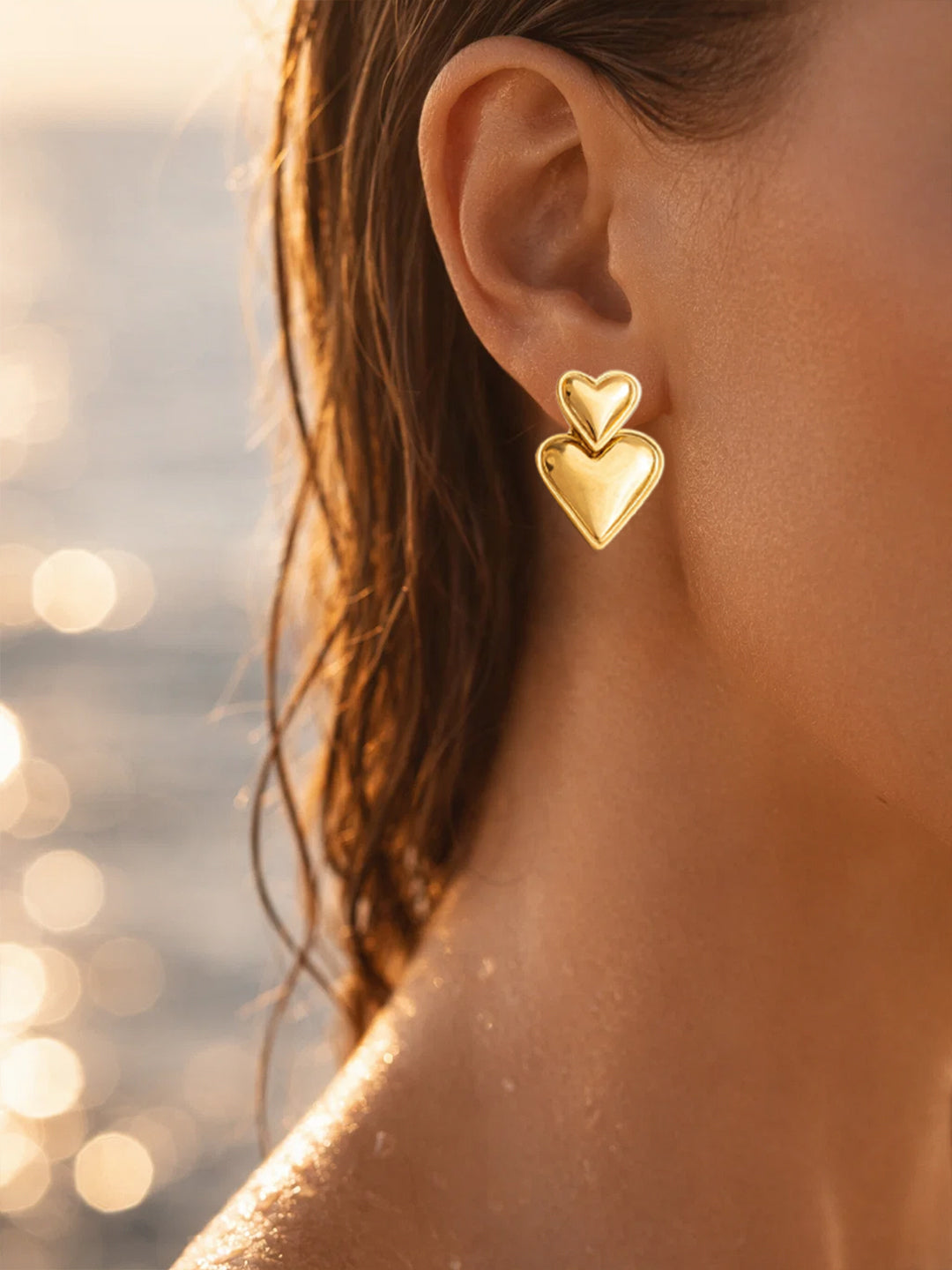 Demi Fine 18K Gold Plated Stainless steel Double Heart Oversized Drop Earrings Length - 3.1 cm