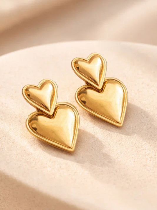 Demi Fine 18K Gold Plated Stainless steel Double Heart Oversized Drop Earrings Length - 3.1 cm