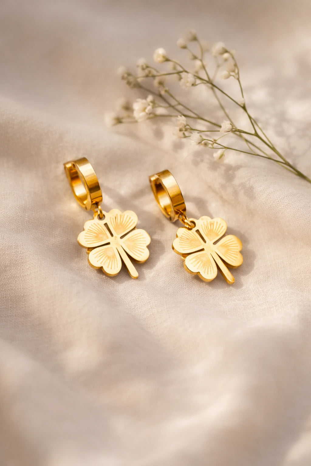 Demi Fine 18K Gold Plated Stainless steel Clover Flora Charm Hoop Drop Earrings Length - 3.3 cm