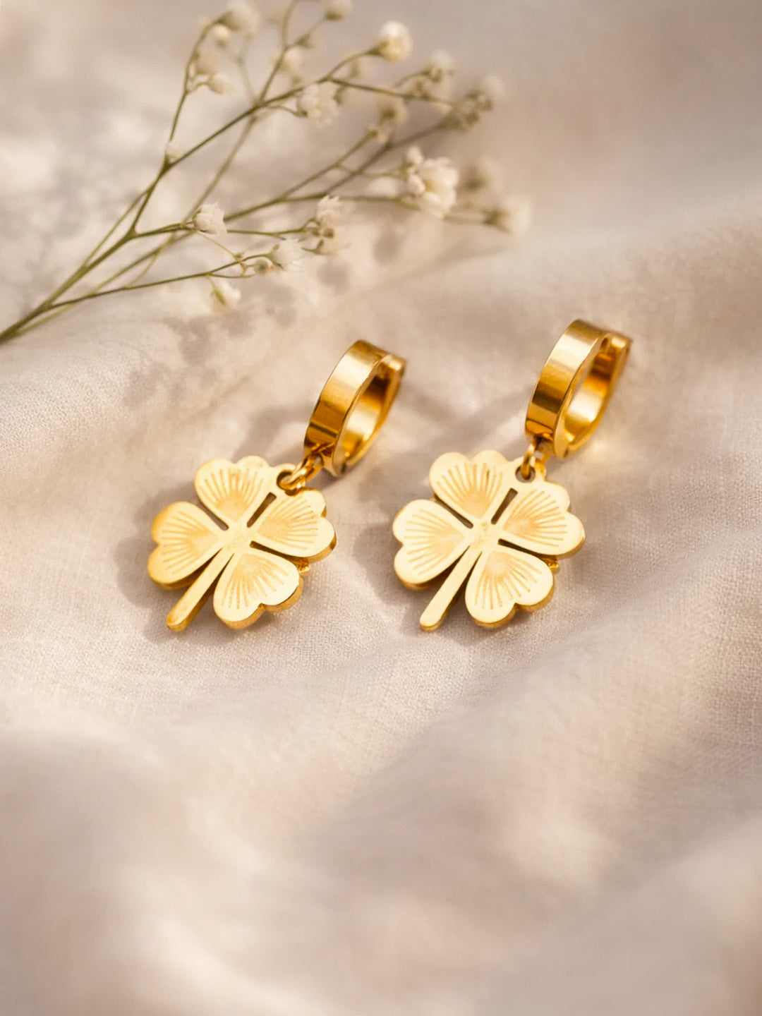 Demi Fine 18K Gold Plated Stainless steel Clover Flora Charm Hoop Drop Earrings Length - 3.3 cm