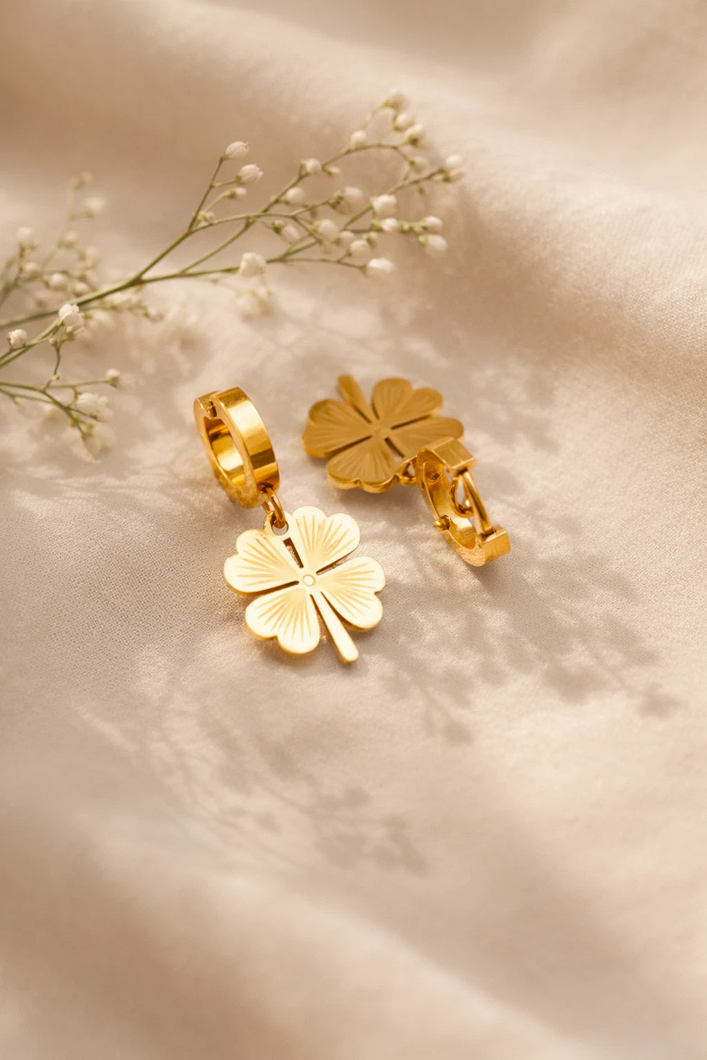 Demi Fine 18K Gold Plated Stainless steel Clover Flora Charm Hoop Drop Earrings Length - 3.3 cm