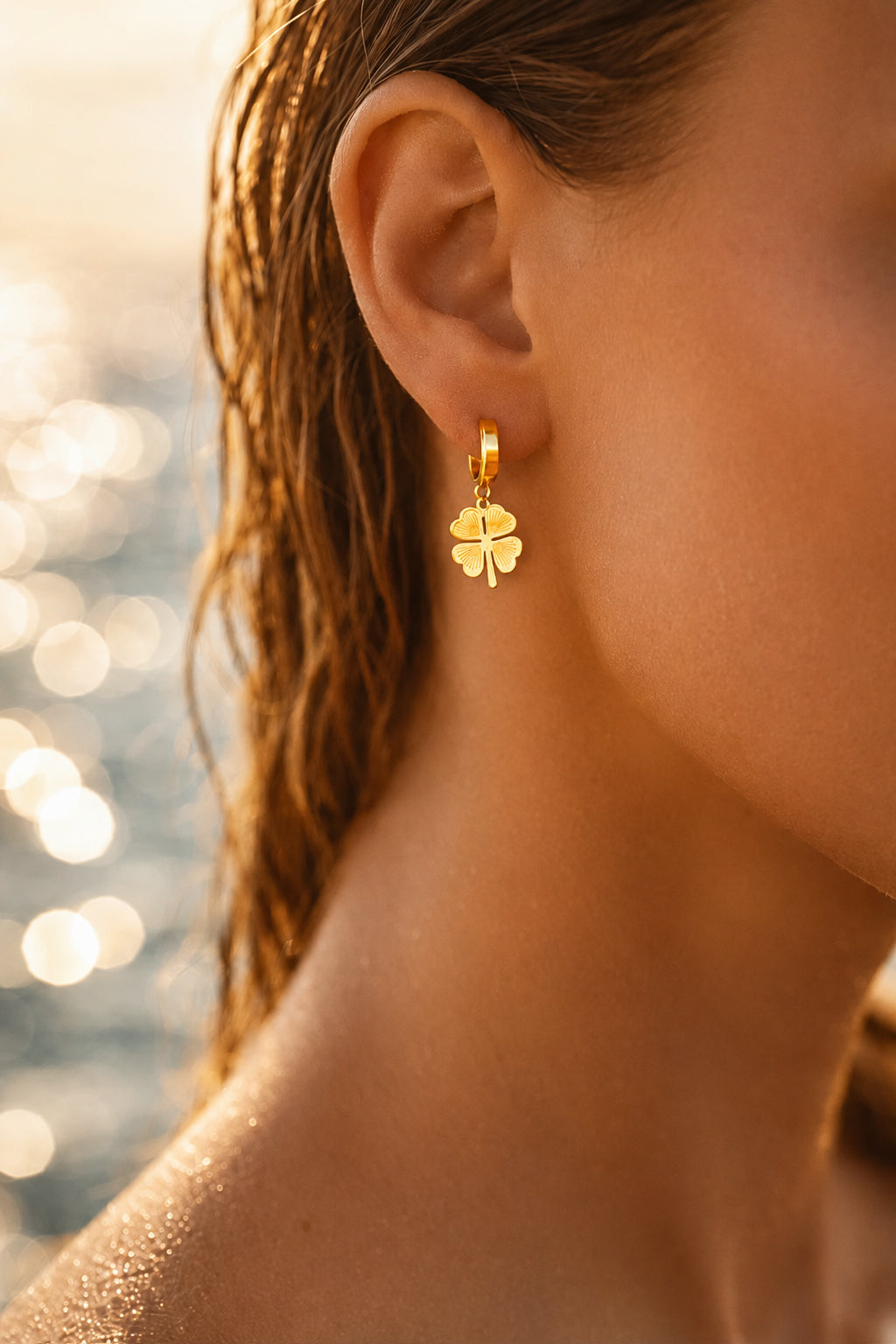 Demi Fine 18K Gold Plated Stainless steel Clover Flora Charm Hoop Drop Earrings Length - 3.3 cm