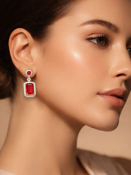 【Rubans】 18K Gold Plated Ruby Crystal Halo Drop Earrings | Anti Tarnish｜18K ゴールドメッキ ルビークリスタル ヘイロー ドロップイヤリング
