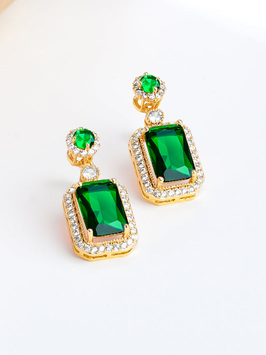 【Rubans】 18K Gold Plated Emerald Crystal Halo Drop Earrings | Anti Tarnish｜18K ゴールドメッキ エメラルドクリスタル ヘイロー ドロップイヤリング