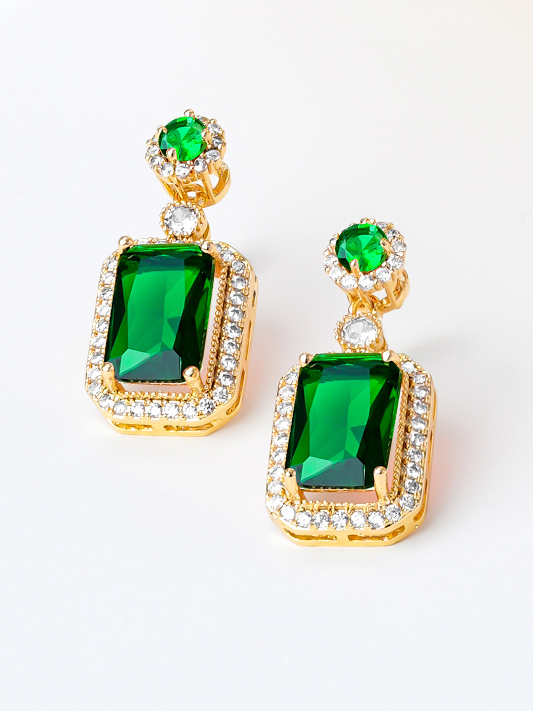 【Rubans】 18K Gold Plated Emerald Crystal Halo Drop Earrings | Anti Tarnish｜18K ゴールドメッキ エメラルドクリスタル ヘイロー ドロップイヤリング