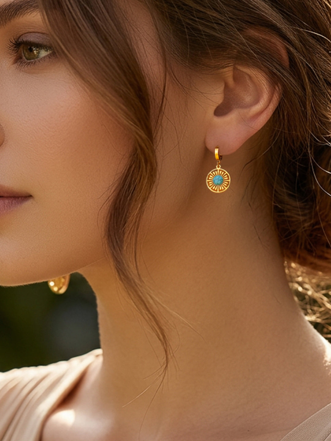 Demi Fine 18K Gold Plated Stainless steel Turquoise Charm Hoop Drop Earrings Length - 3.4 cm