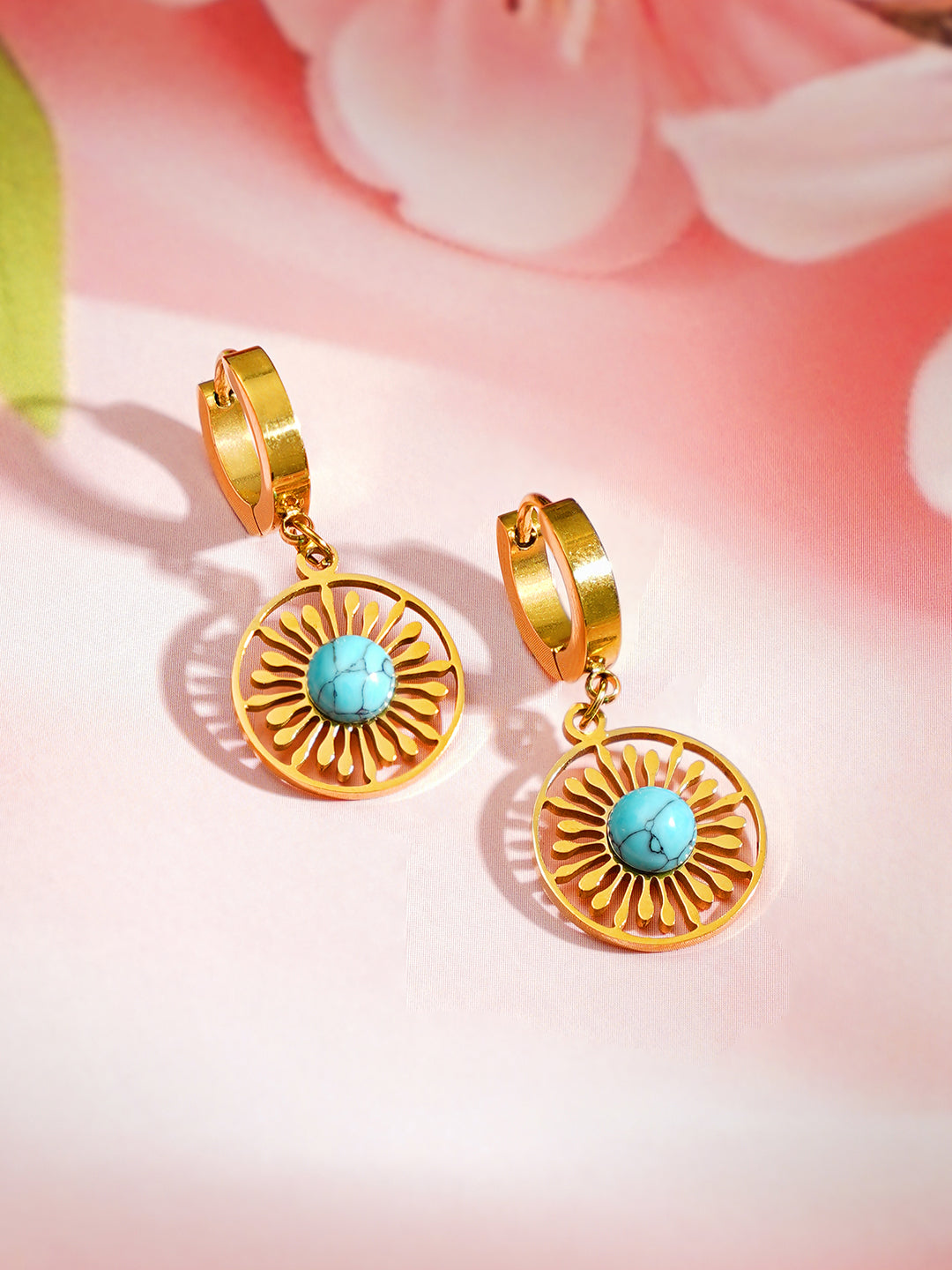 Demi Fine 18K Gold Plated Stainless steel Turquoise Charm Hoop Drop Earrings Length - 3.4 cm
