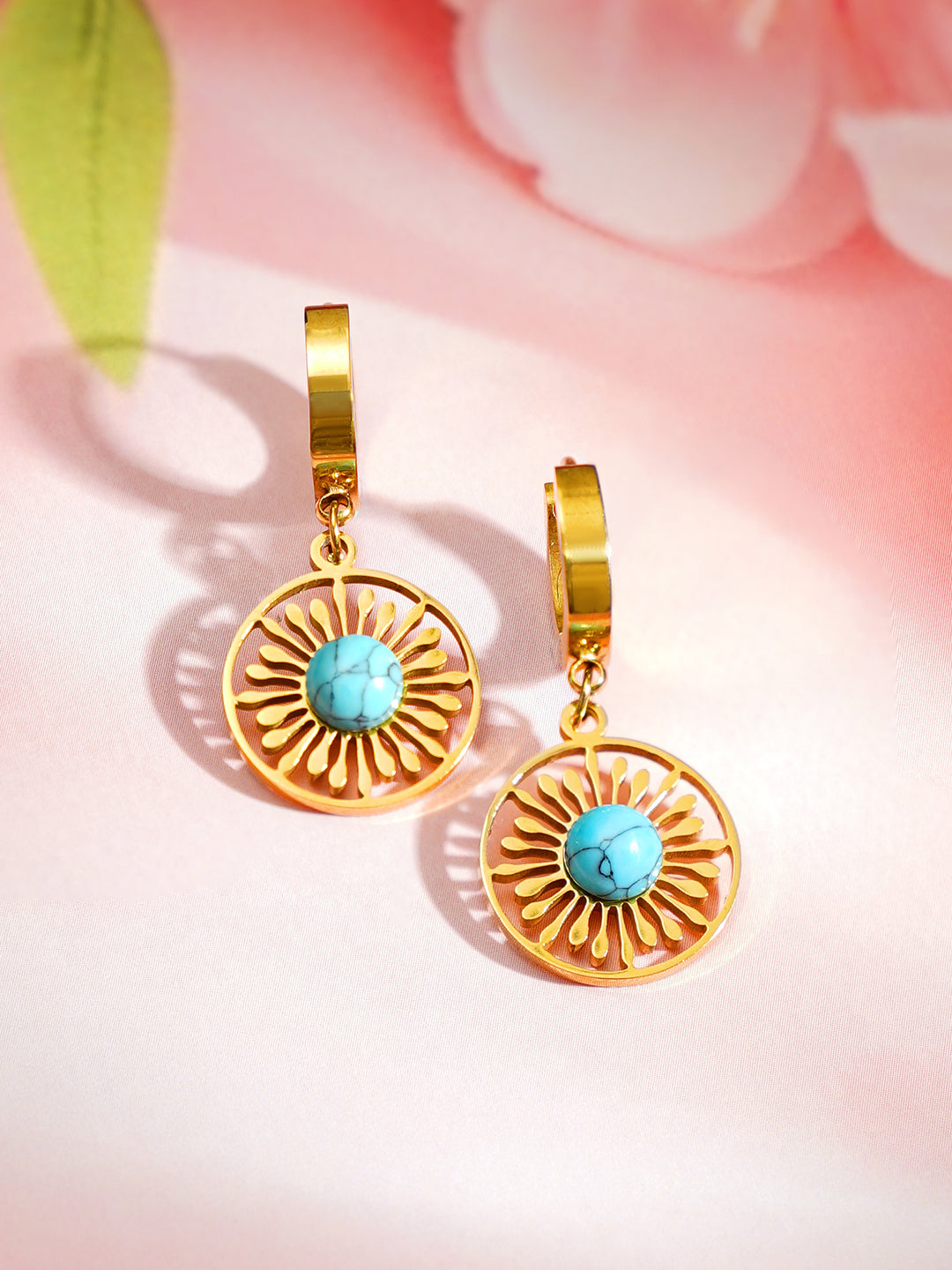 Demi Fine 18K Gold Plated Stainless steel Turquoise Charm Hoop Drop Earrings Length - 3.4 cm