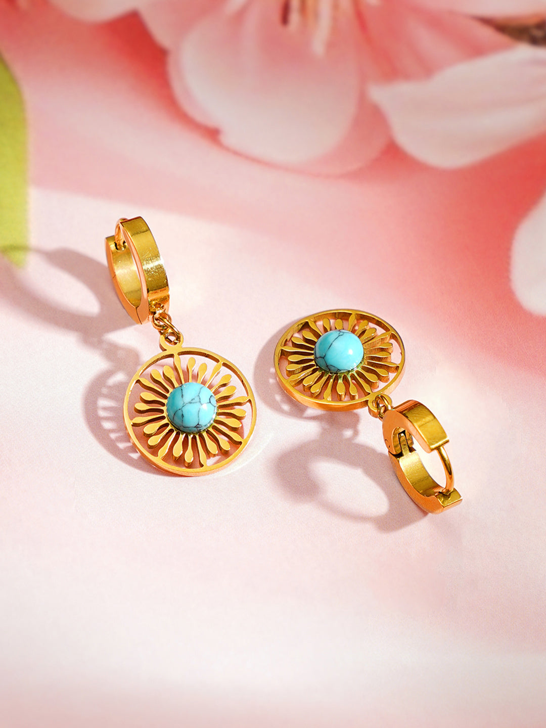 Demi Fine 18K Gold Plated Stainless steel Turquoise Charm Hoop Drop Earrings Length - 3.4 cm