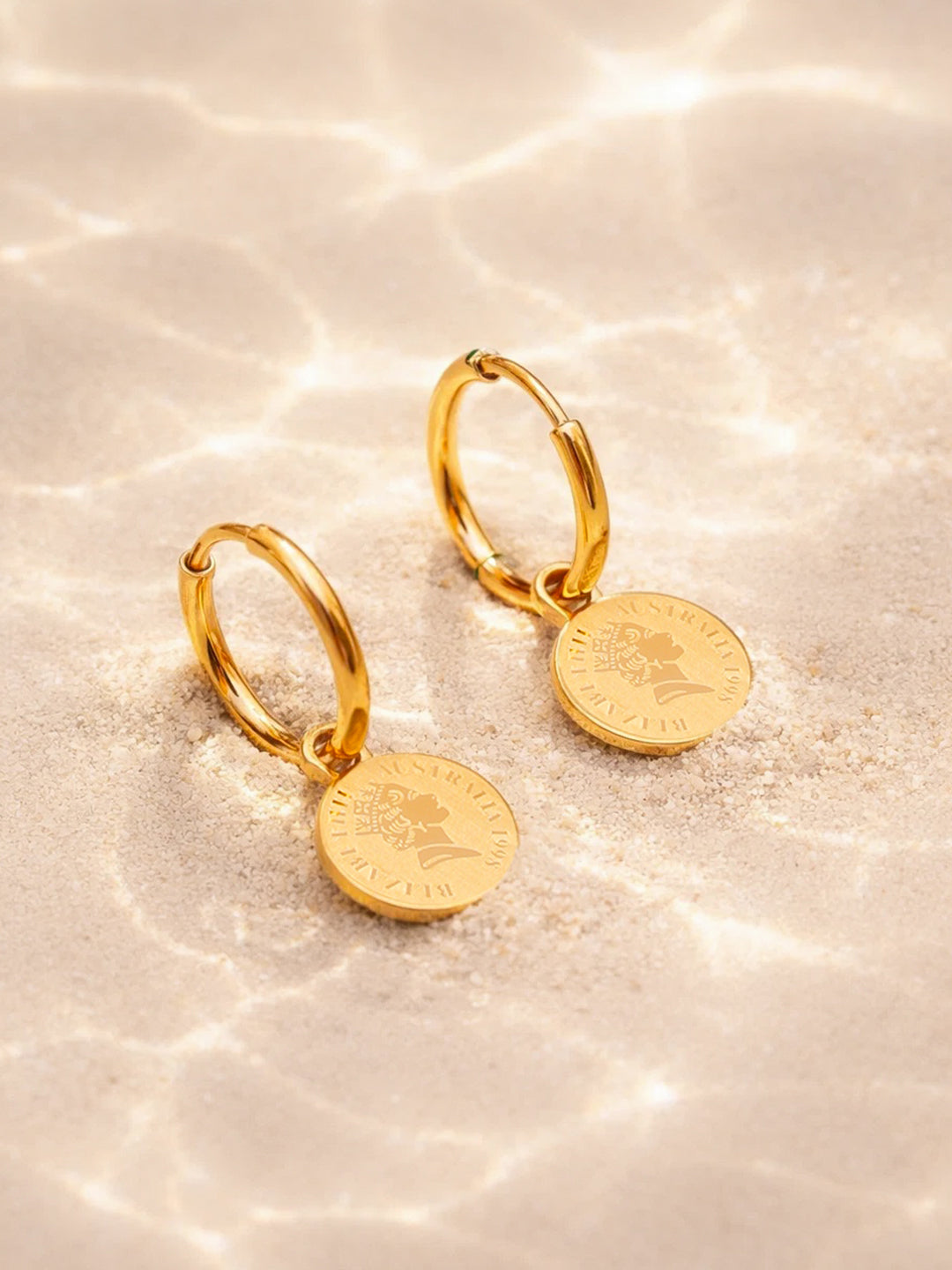 Demi Fine 18K Gold Plated Stainless steel Minimal Coin Drop Hoop Earrings Length - 2.8 cm