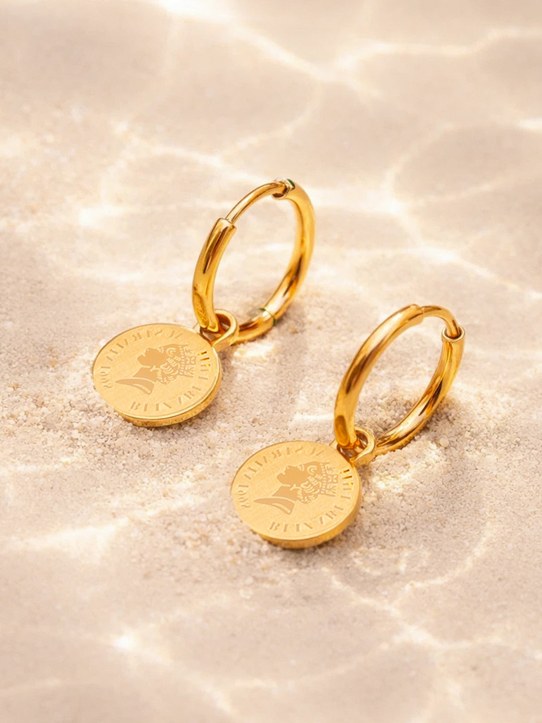 Demi Fine 18K Gold Plated Stainless steel Minimal Coin Drop Hoop Earrings Length - 2.8 cm
