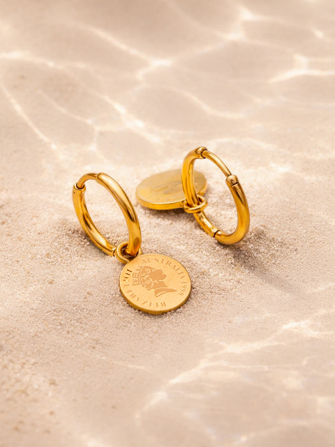 Demi Fine 18K Gold Plated Stainless steel Minimal Coin Drop Hoop Earrings Length - 2.8 cm
