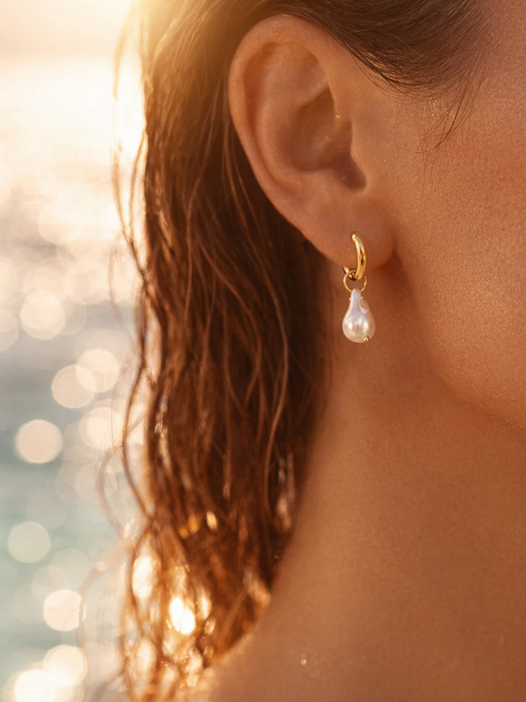 Demi Fine 18K Gold Plated Stainless steel Baroque Pearl Drop Hoop Earrings Length - 4.9 cm