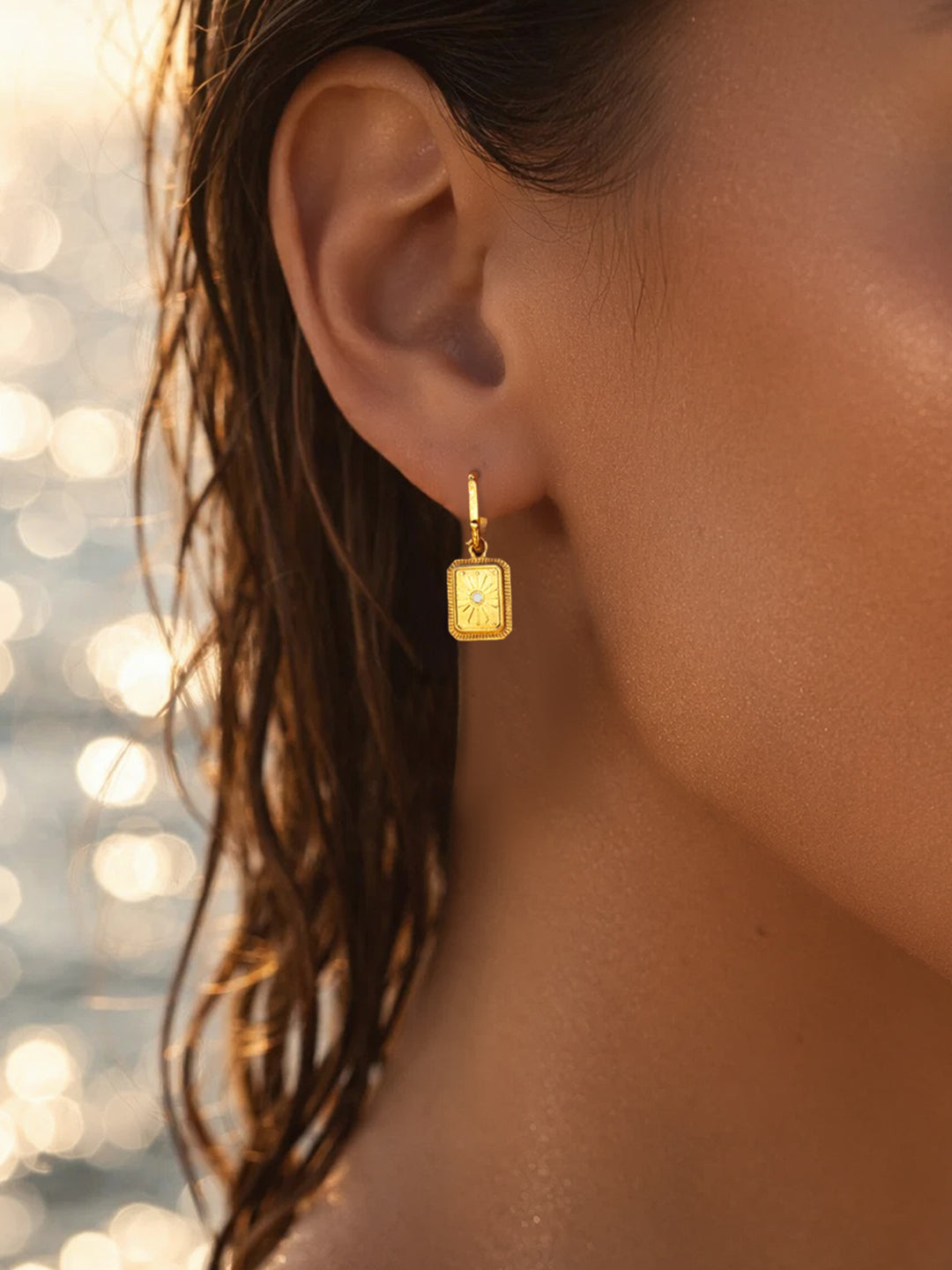 Demi Fine 18K Gold Plated Stainless steel Rectangle Charm Hoop Drop Earrings Length - 3 cm
