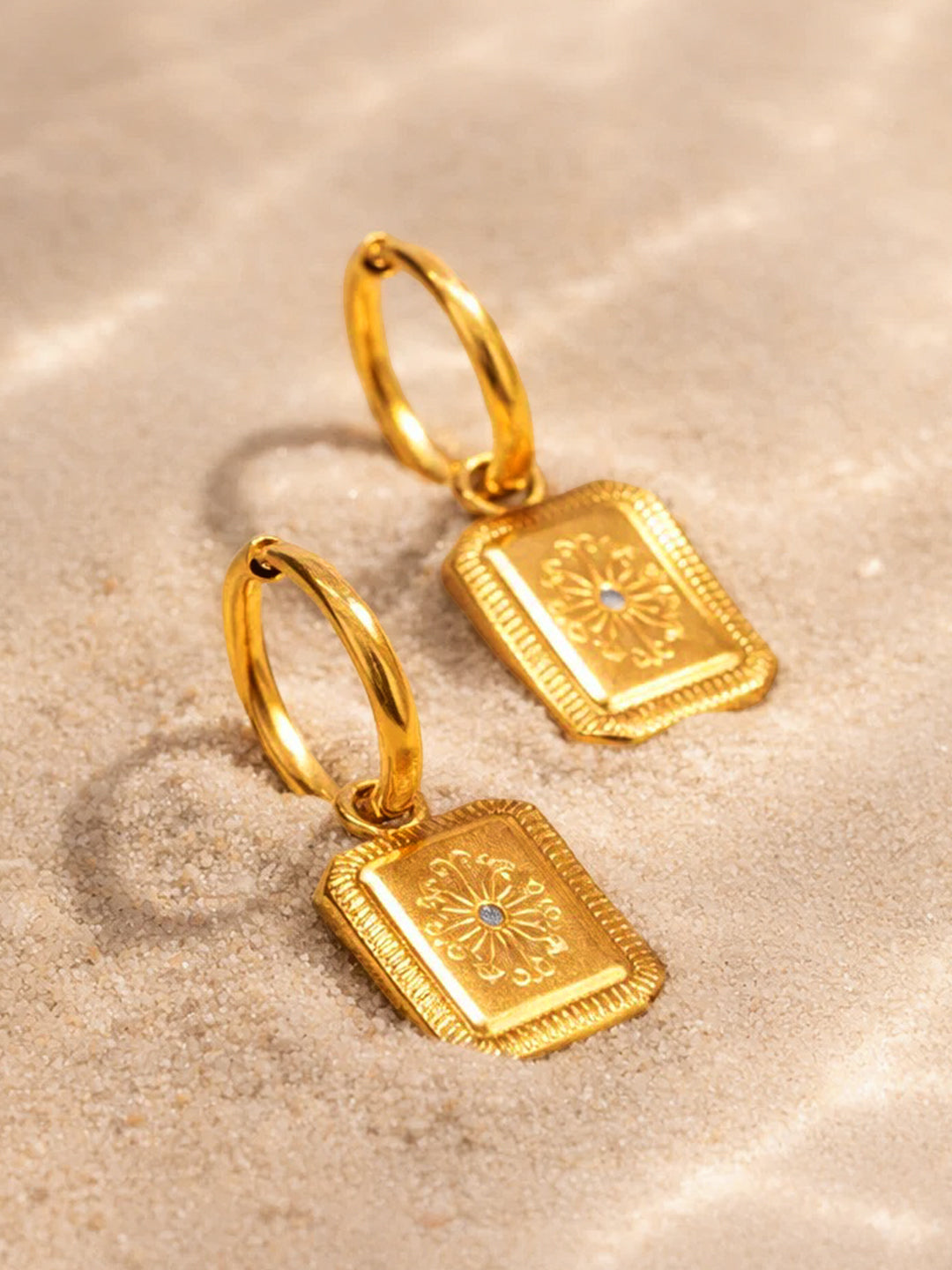 Demi Fine 18K Gold Plated Stainless steel Rectangle Charm Hoop Drop Earrings Length - 3 cm