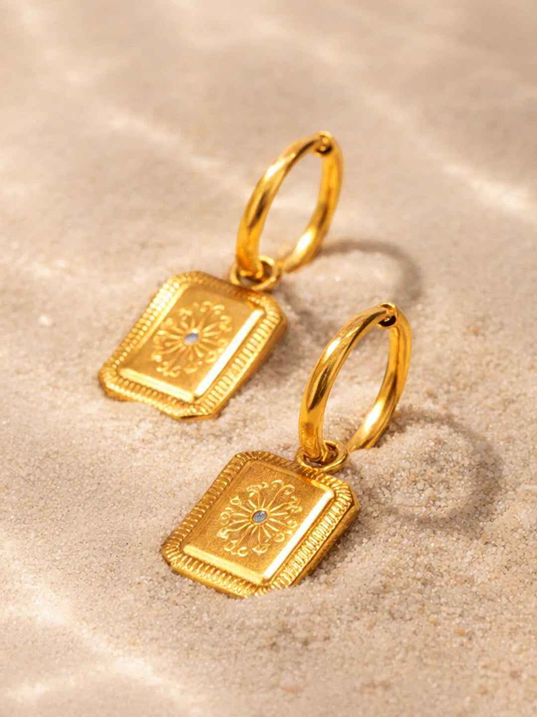 Demi Fine 18K Gold Plated Stainless steel Rectangle Charm Hoop Drop Earrings Length - 3 cm