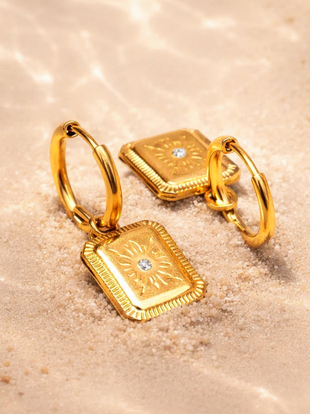 Demi Fine 18K Gold Plated Stainless steel Rectangle Charm Hoop Drop Earrings Length - 3 cm