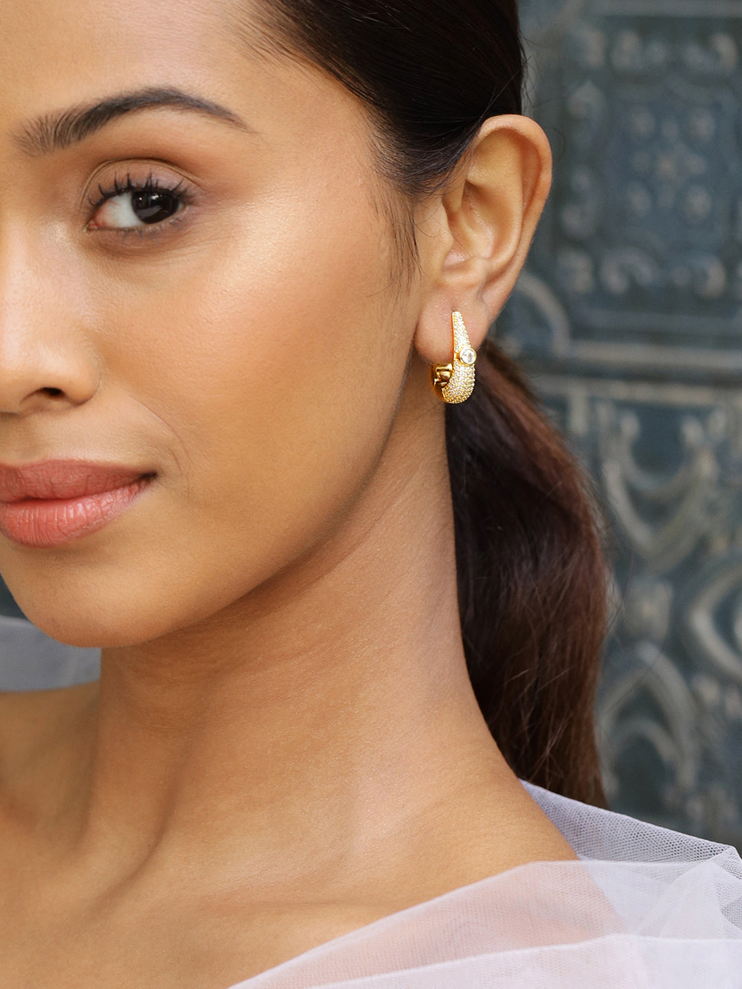 Golden Sparklight Crystal Huggie Hoops Silver