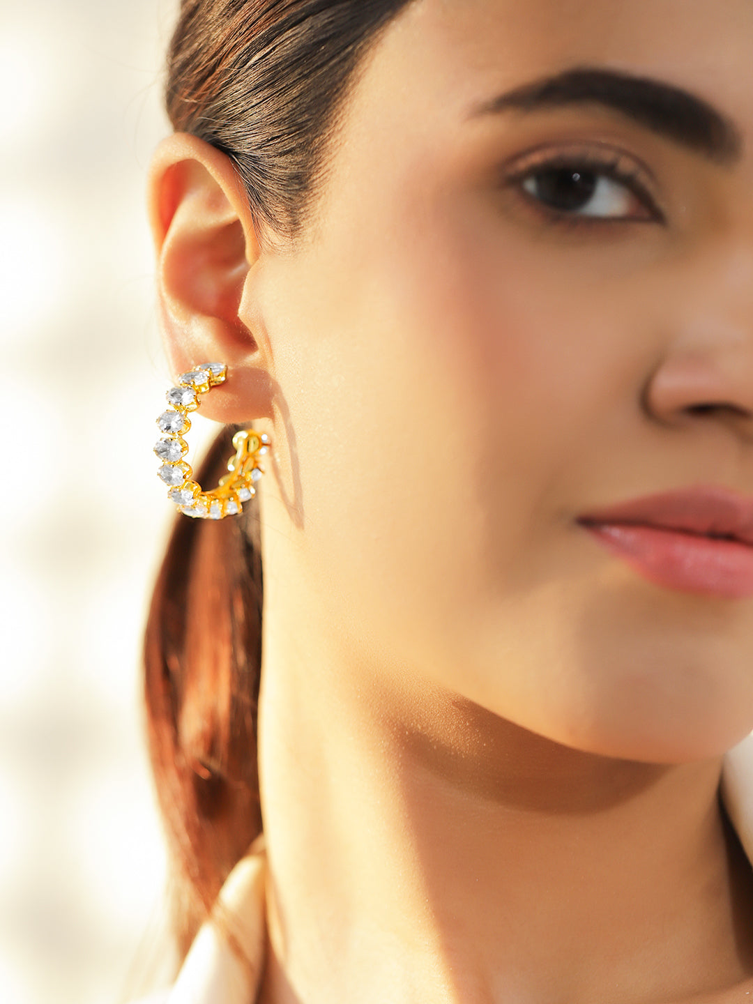 Oval Studded American Diamond Zirconia Half Hoops フリーサイズ
