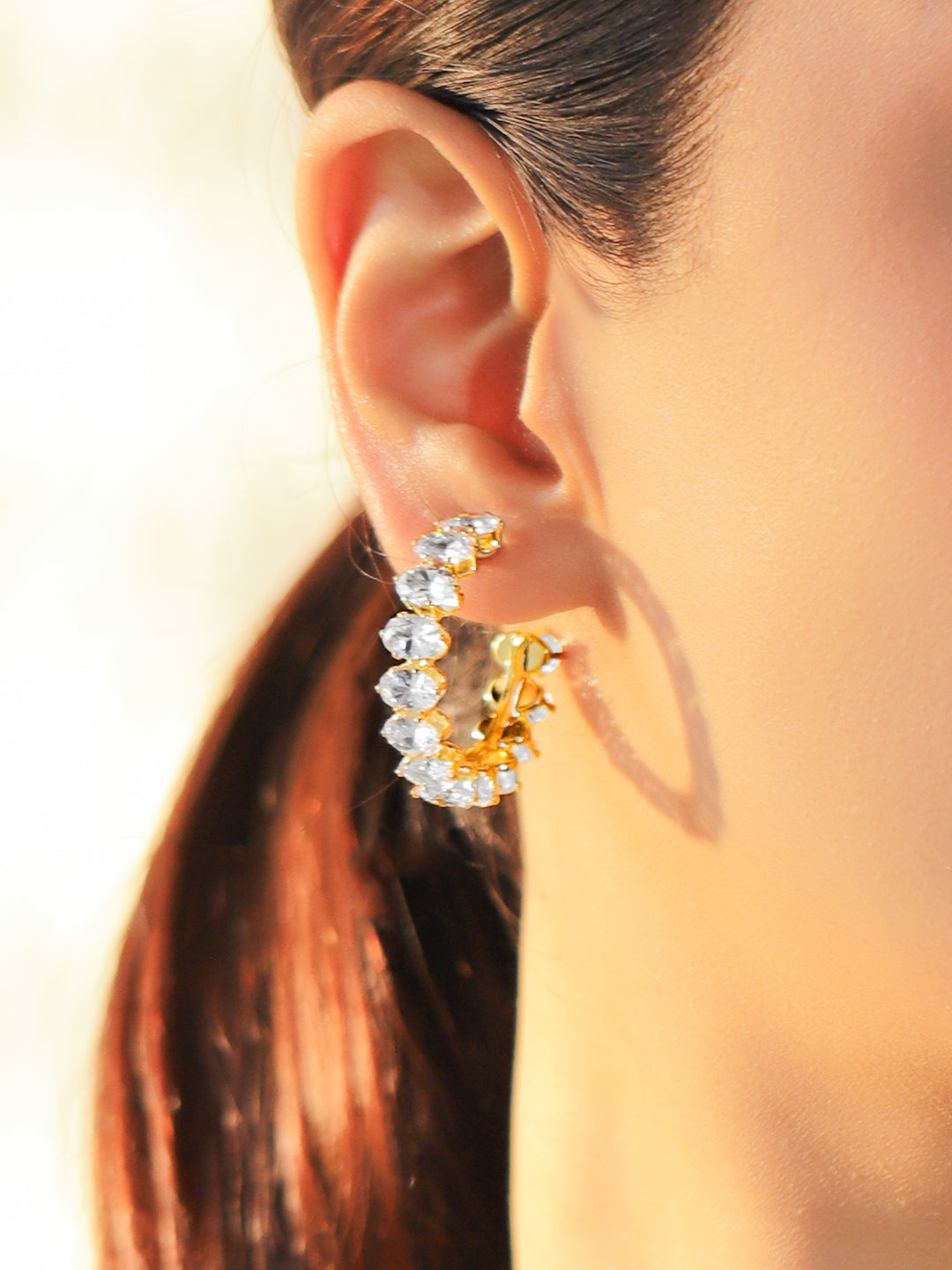 Oval Studded American Diamond Zirconia Half Hoops フリーサイズ
