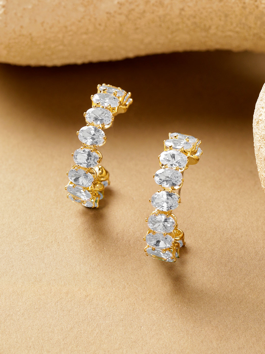 Oval Studded American Diamond Zirconia Half Hoops フリーサイズ