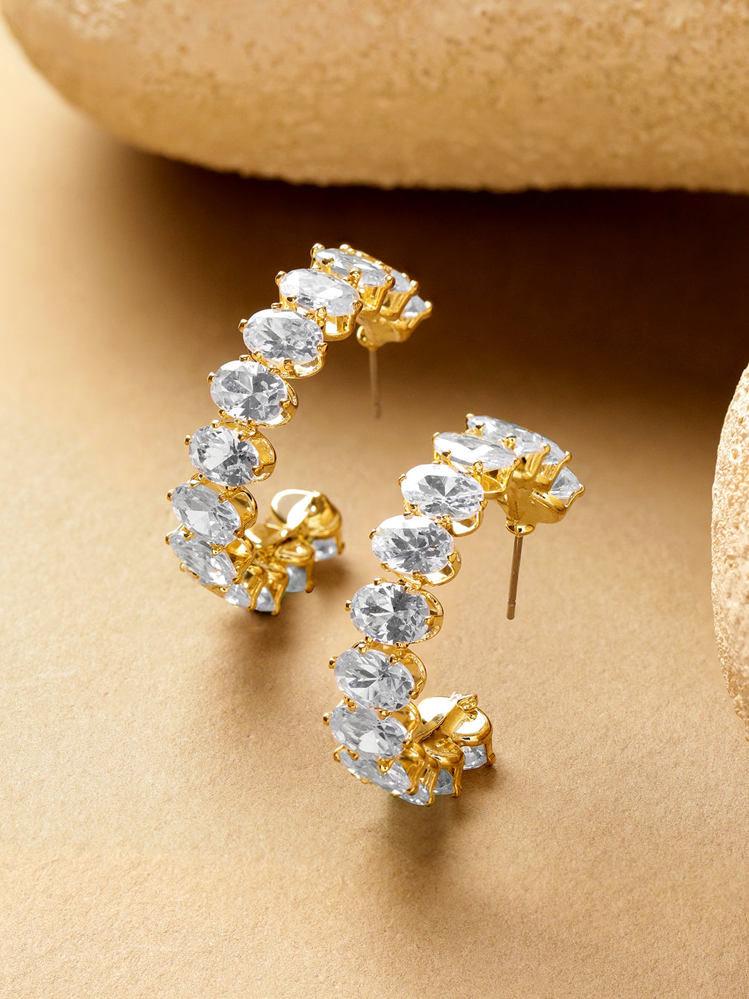 Oval Studded American Diamond Zirconia Half Hoops フリーサイズ