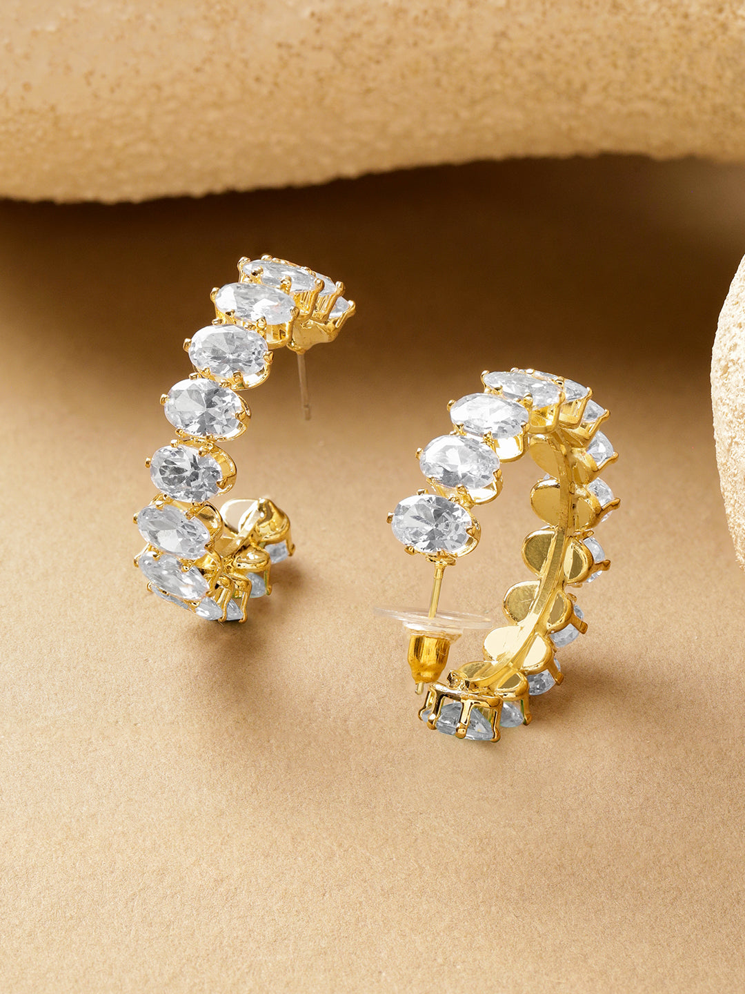 Oval Studded American Diamond Zirconia Half Hoops フリーサイズ